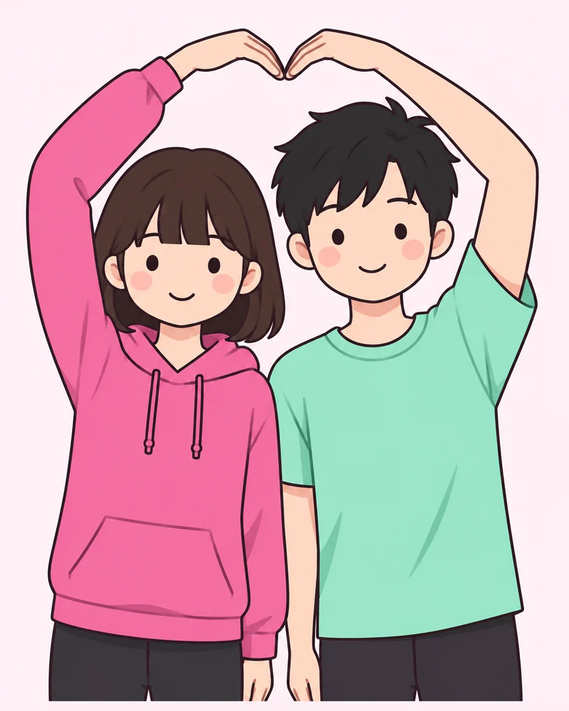 큰 하트 반쪽씩 (둘이 팔로 하트) 포즈 그림