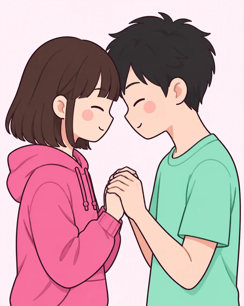 이마 맞대고 눈 감기 포즈 그림