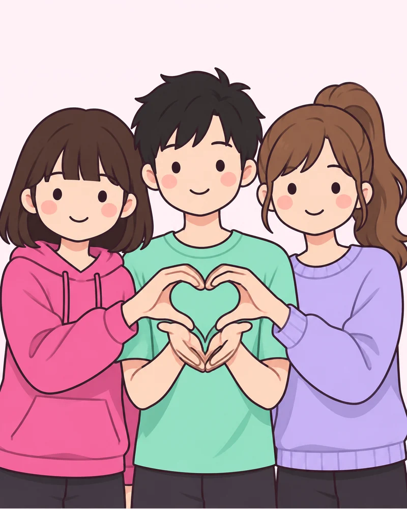 셋이 손 모아 하트 하나 포즈 그림