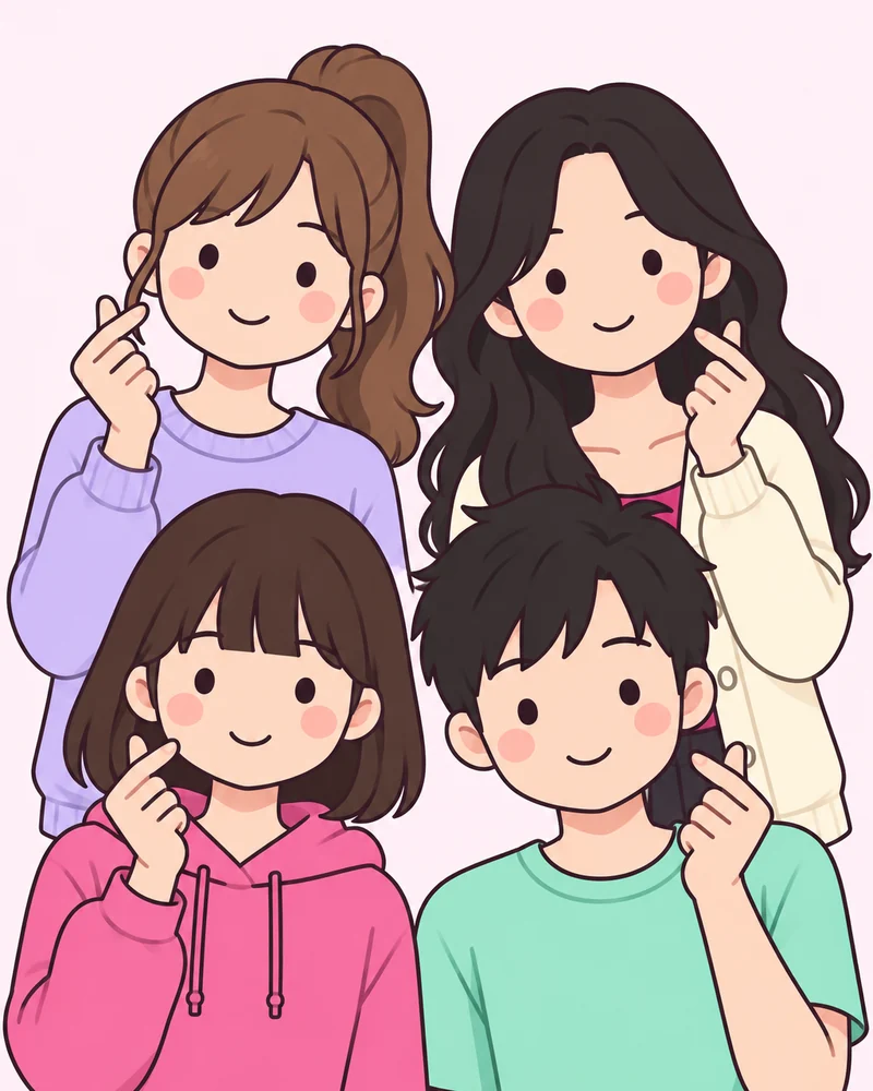 넷이 각자 손가락 하트 포즈 그림